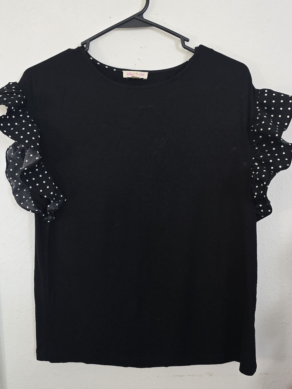 Black Women's Ruffle Sleeve Top with Polka Dot Detail
